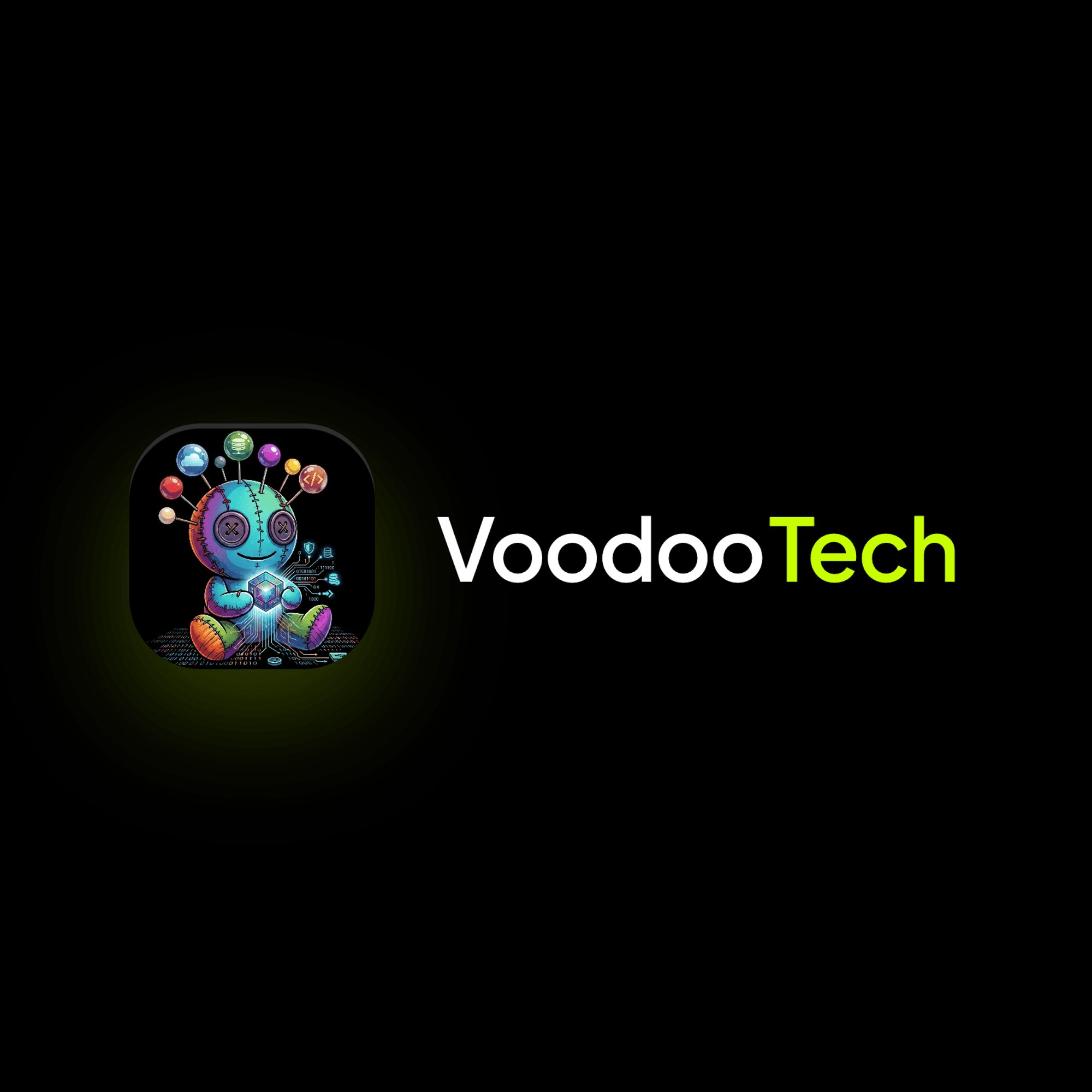 VoodooTech primary logo: the voodoo doll mark with a lime glow beside the VoodooTech wordmark, Tech set in lime