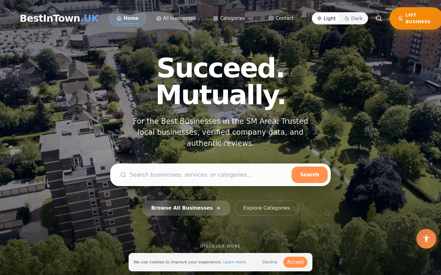 BestInTown.UK homepage with aerial view of Sutton and search interface